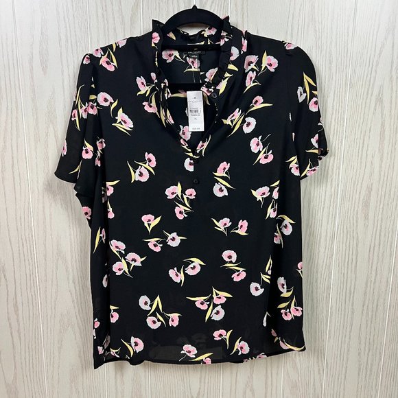 Ann Taylor Factory Tops - Ann Taylor NWT Black with Pink Flower Blouse SZ XL